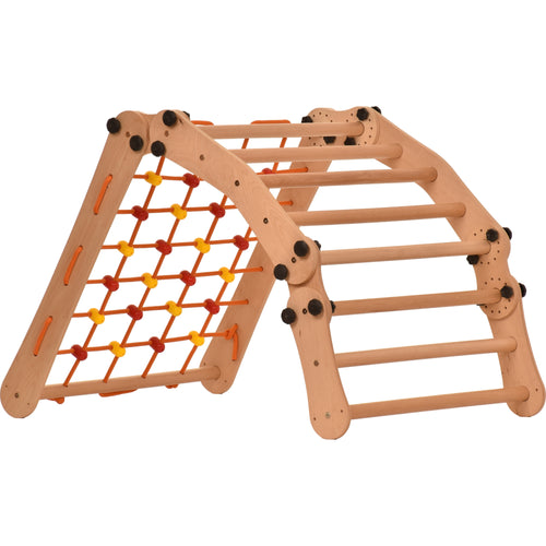 Rinagym Climbing Triangle - Indoor ladder with climbing net - Collapsible wooden indoor climbing frame for children, promotes balance - Water-based paint & varnish, safety lock - 50 kg load capacity (3p5g7s)