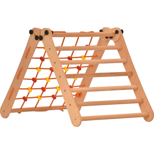 Rinagym Climbing Triangle - Indoor ladder with climbing net - Collapsible wooden indoor climbing frame for children, promotes balance - Water-based paint & varnish, safety lock - 50 kg load capacity (7p7s)