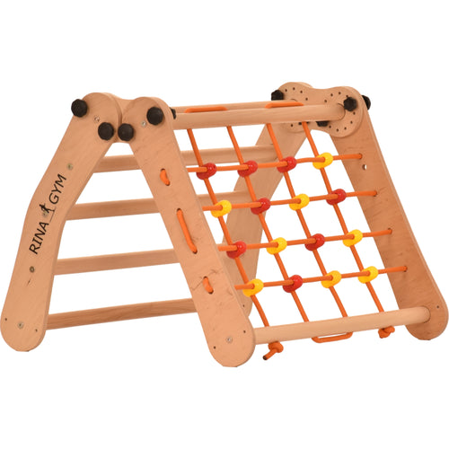 Rinagym Climbing Triangle - Indoor ladder with climbing net - Collapsible wooden indoor climbing frame for children, promotes balance - Water-based paint & varnish, safety lock - 50 kg load capacity (5g5s)