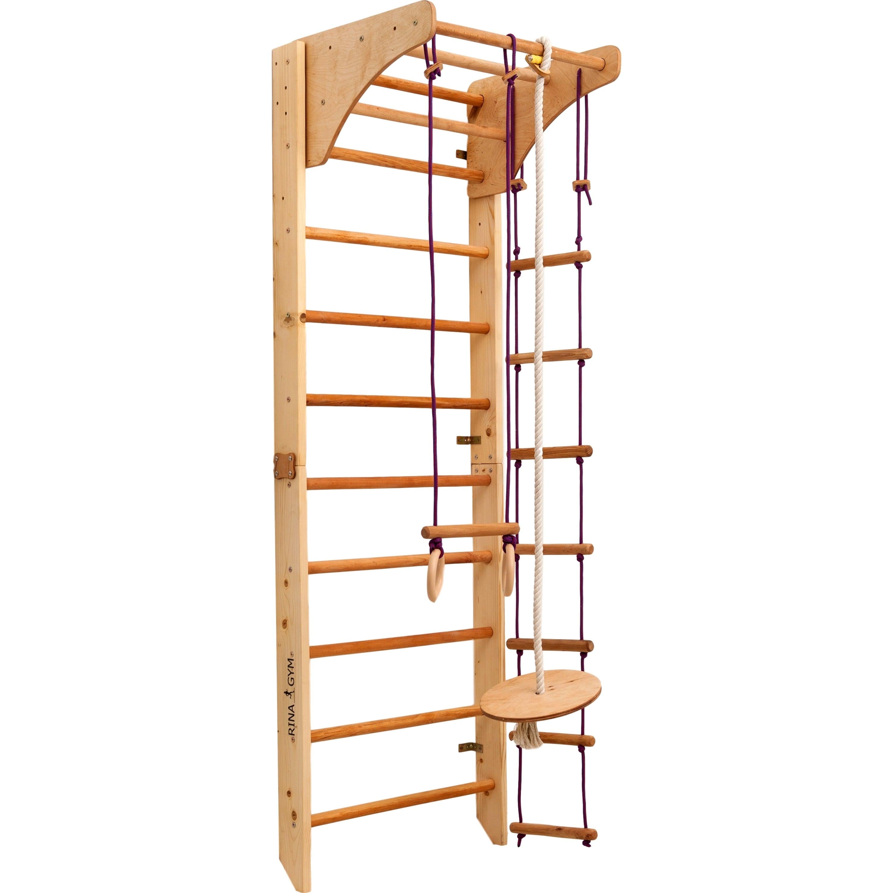 Kletterwand für Kinder-Indoor Klettergerüst aus Holz-Wand-Reck, Stange, Gymnastik-Ringe, Kletterseil, Abnehmbarer Balken, schwedische Leiter, Rutsche - RINAGYM GmbH
