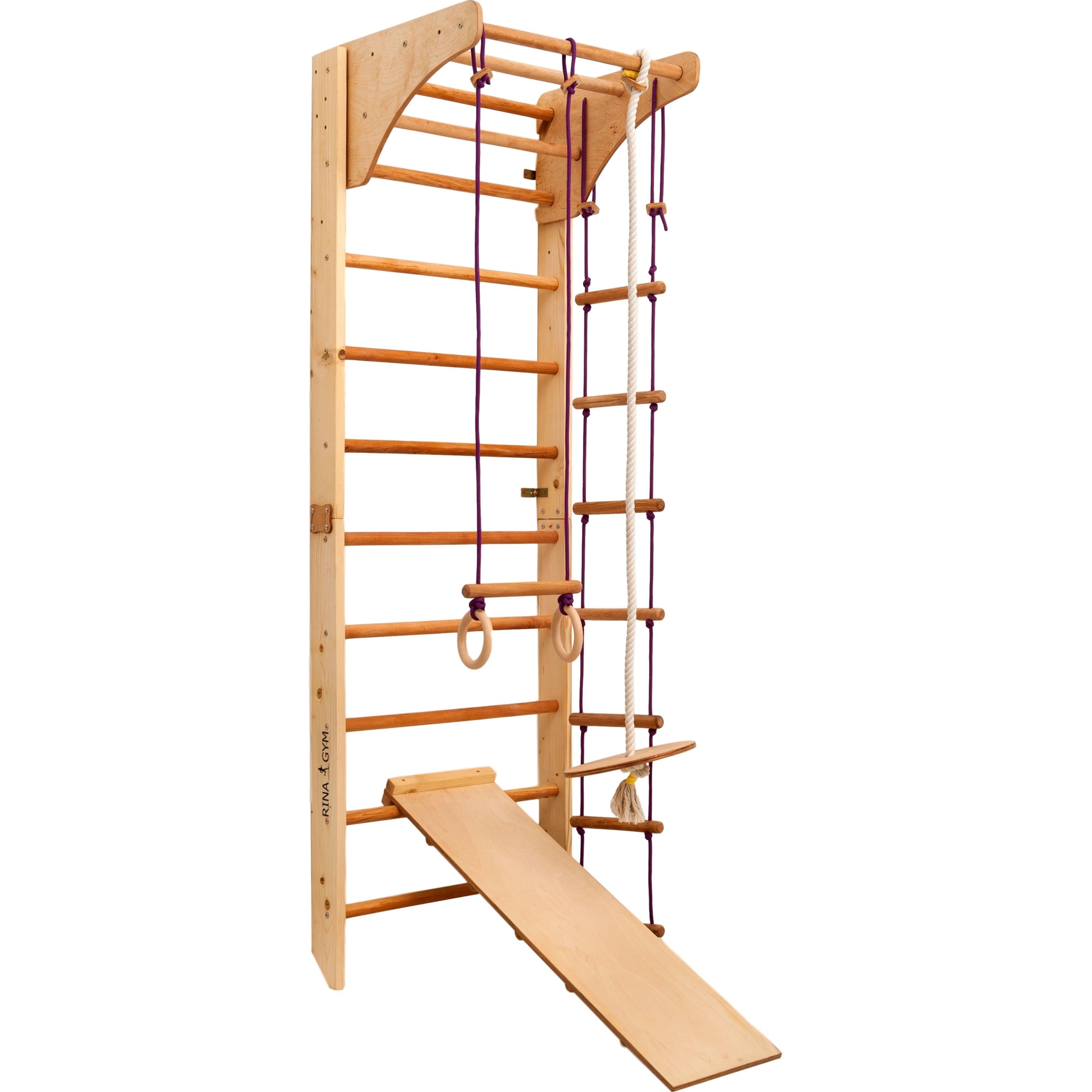 Kletterwand für Kinder-Indoor Klettergerüst aus Holz-Wand-Reck, Stange, Gymnastik-Ringe, Kletterseil, Abnehmbarer Balken, schwedische Leiter, Rutsche - RINAGYM GmbH