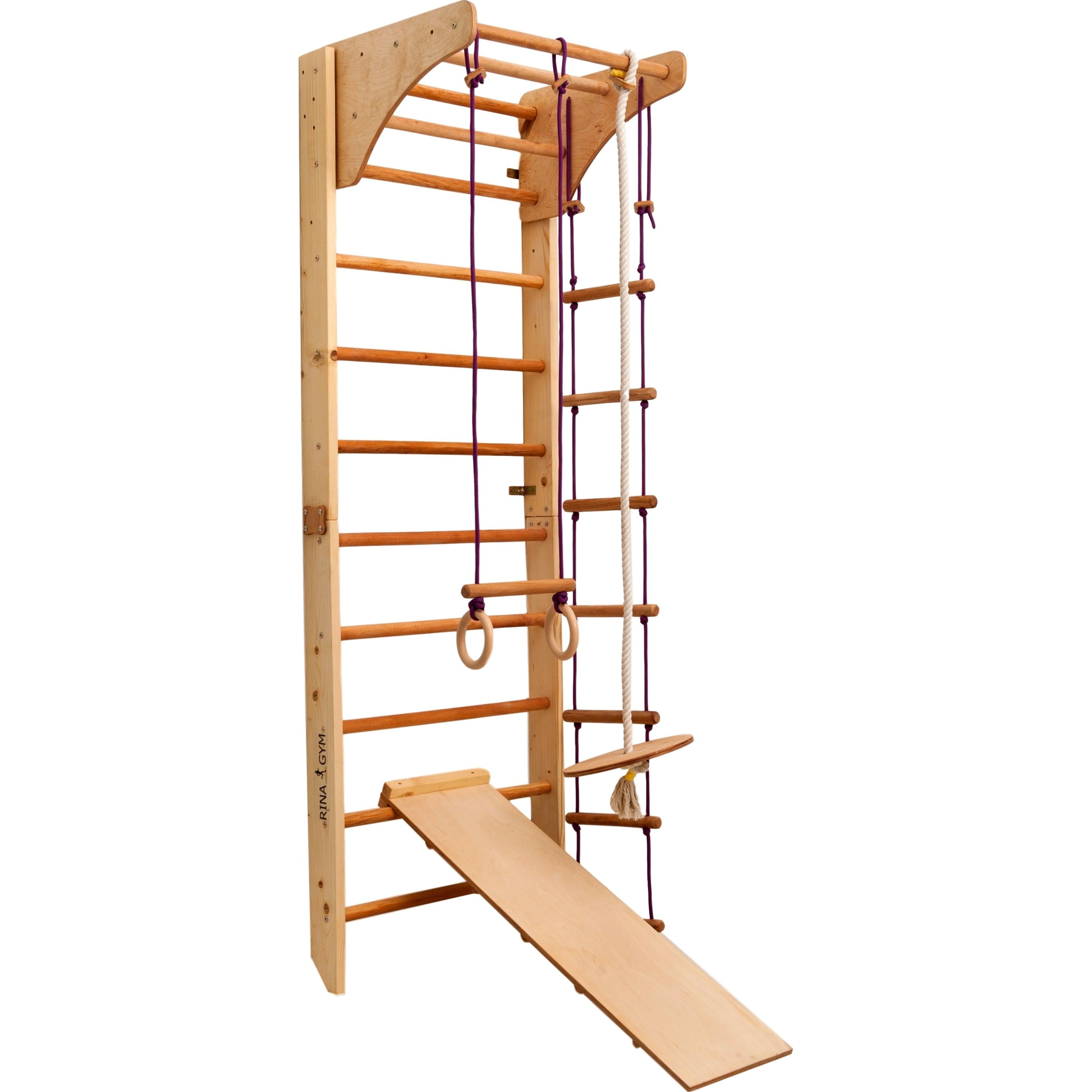 Kletterwand für Kinder-Indoor Klettergerüst aus Holz-Wand-Reck, Stange, Gymnastik-Ringe, Kletterseil, Abnehmbarer Balken, schwedische Leiter, Rutsche - RINAGYM GmbH