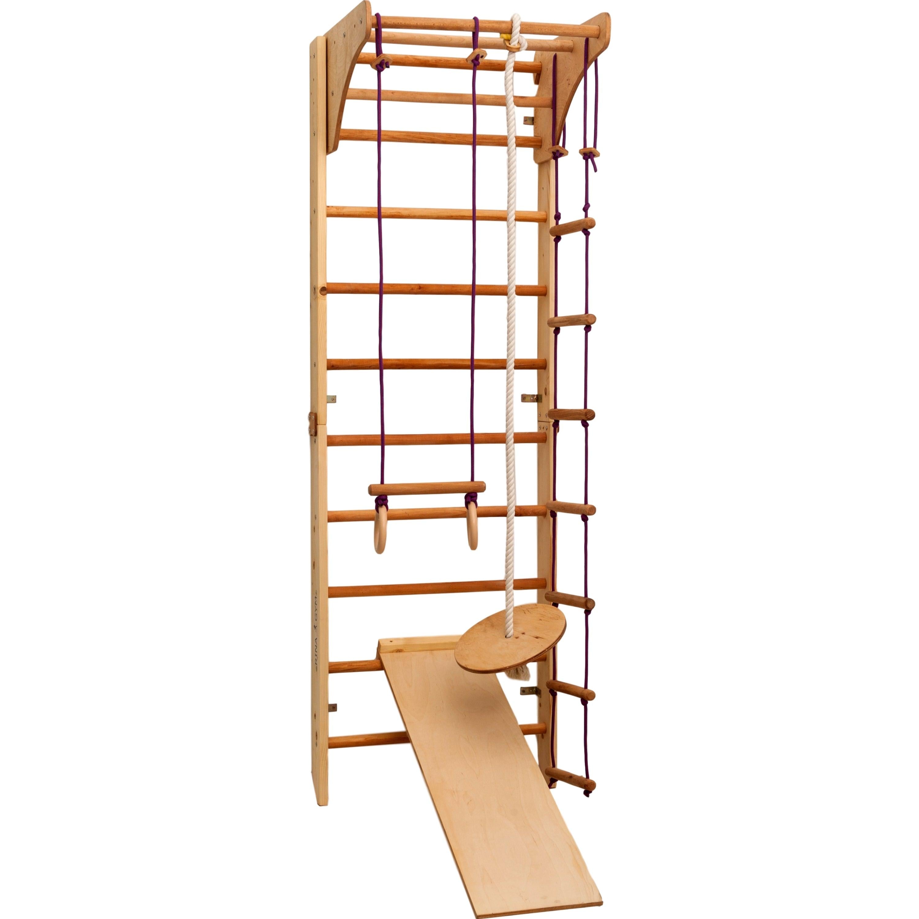Kletterwand für Kinder-Indoor Klettergerüst aus Holz-Wand-Reck, Stange, Gymnastik-Ringe, Kletterseil, Abnehmbarer Balken, schwedische Leiter, Rutsche - RINAGYM GmbH