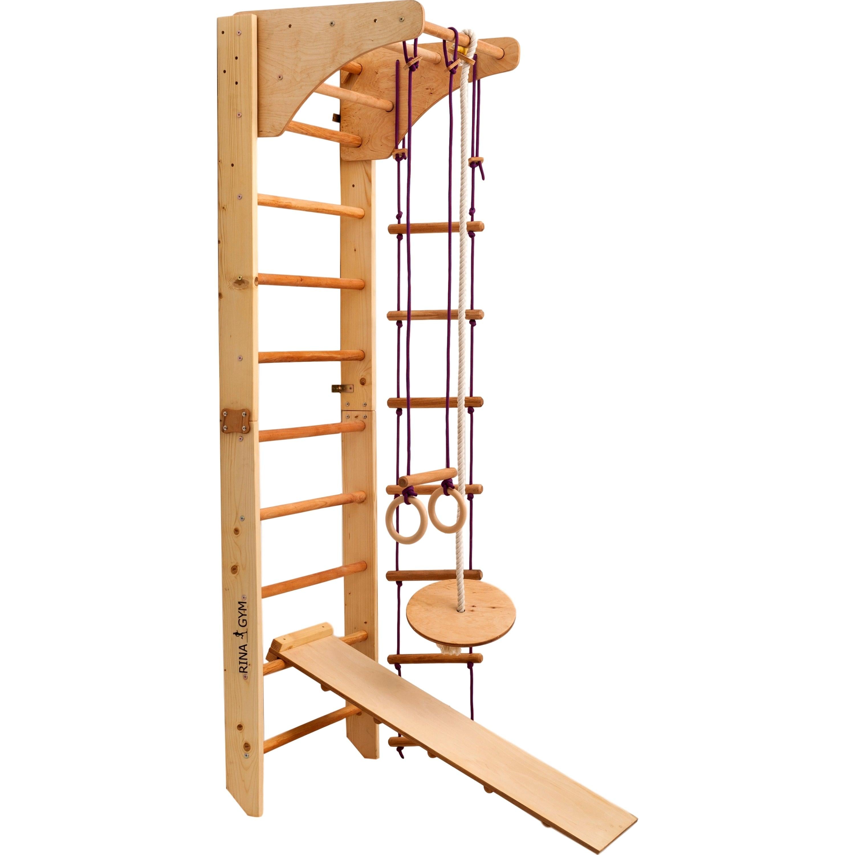 Kletterwand für Kinder-Indoor Klettergerüst aus Holz-Wand-Reck, Stange, Gymnastik-Ringe, Kletterseil, Abnehmbarer Balken, schwedische Leiter, Rutsche - RINAGYM GmbH