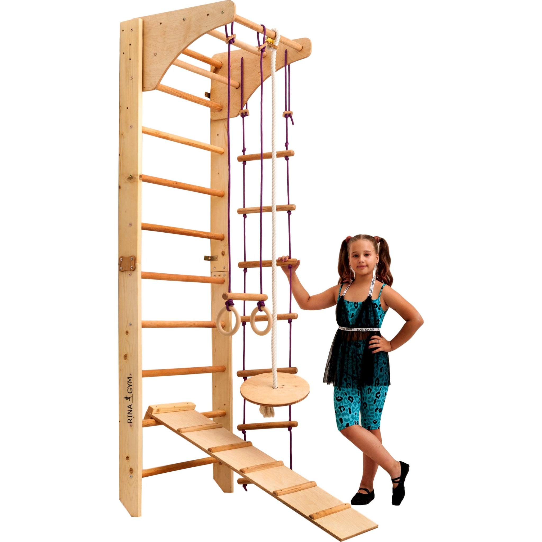 Climbing wall for children - indoor wooden climbing frame, wall bar, bar, gymnastic rings, climbing rope, removable beam, Swedish ladder, slide (Kombi 3)