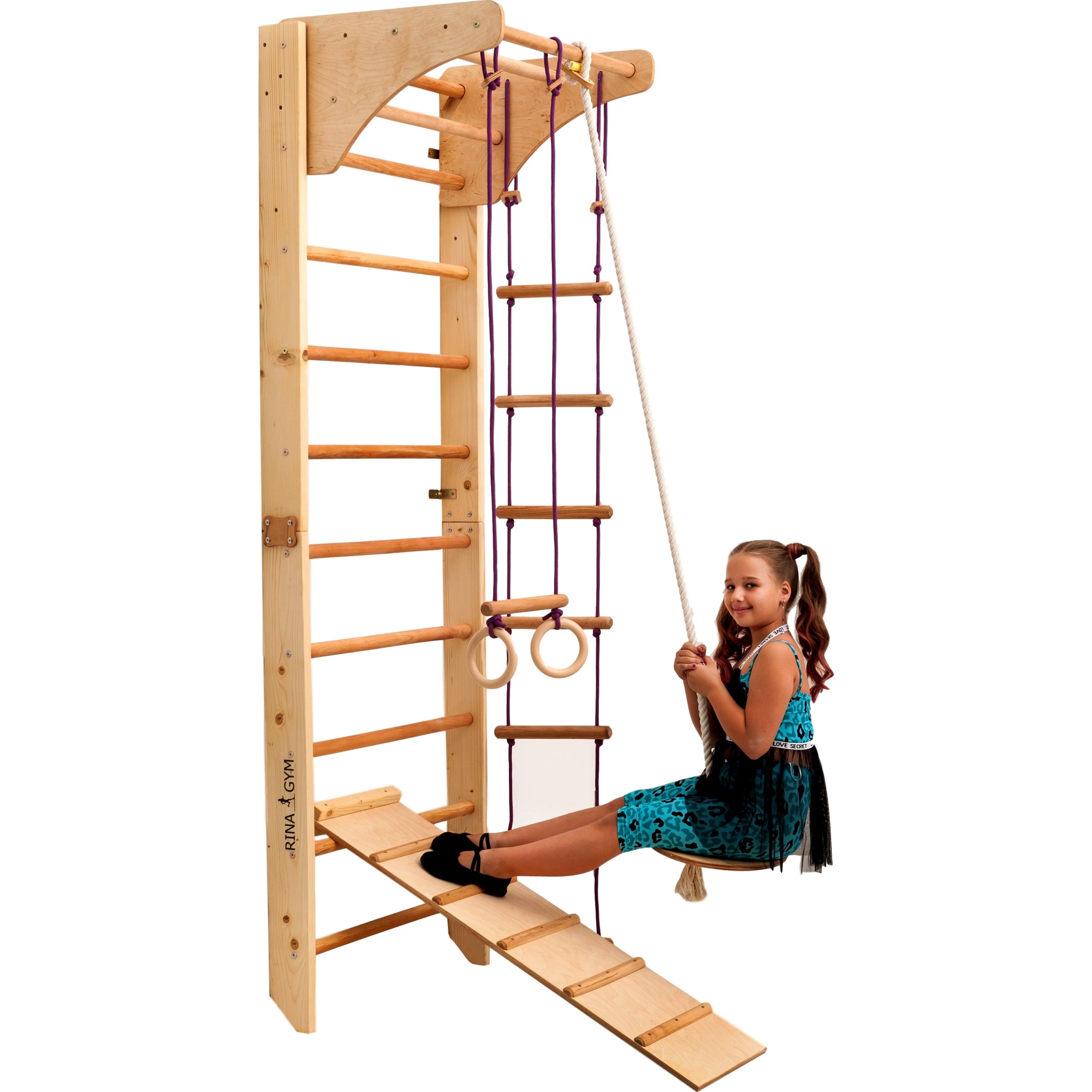 Kletterwand für Kinder-Indoor Klettergerüst aus Holz-Wand-Reck, Stange, Gymnastik-Ringe, Kletterseil, Abnehmbarer Balken, schwedische Leiter, Rutsche - RINAGYM GmbH