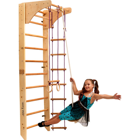 RINAGYM Gymnastics Play Set for Kids - Wooden Indoor & Outdoor Jungle Gym - Wall & Monkey Bars, Pole, Gymnastic Rings, Climbing Rope, Removable Beam, Swedish Ladder, Swing - Children 2yrs & Up (Kombi 2)