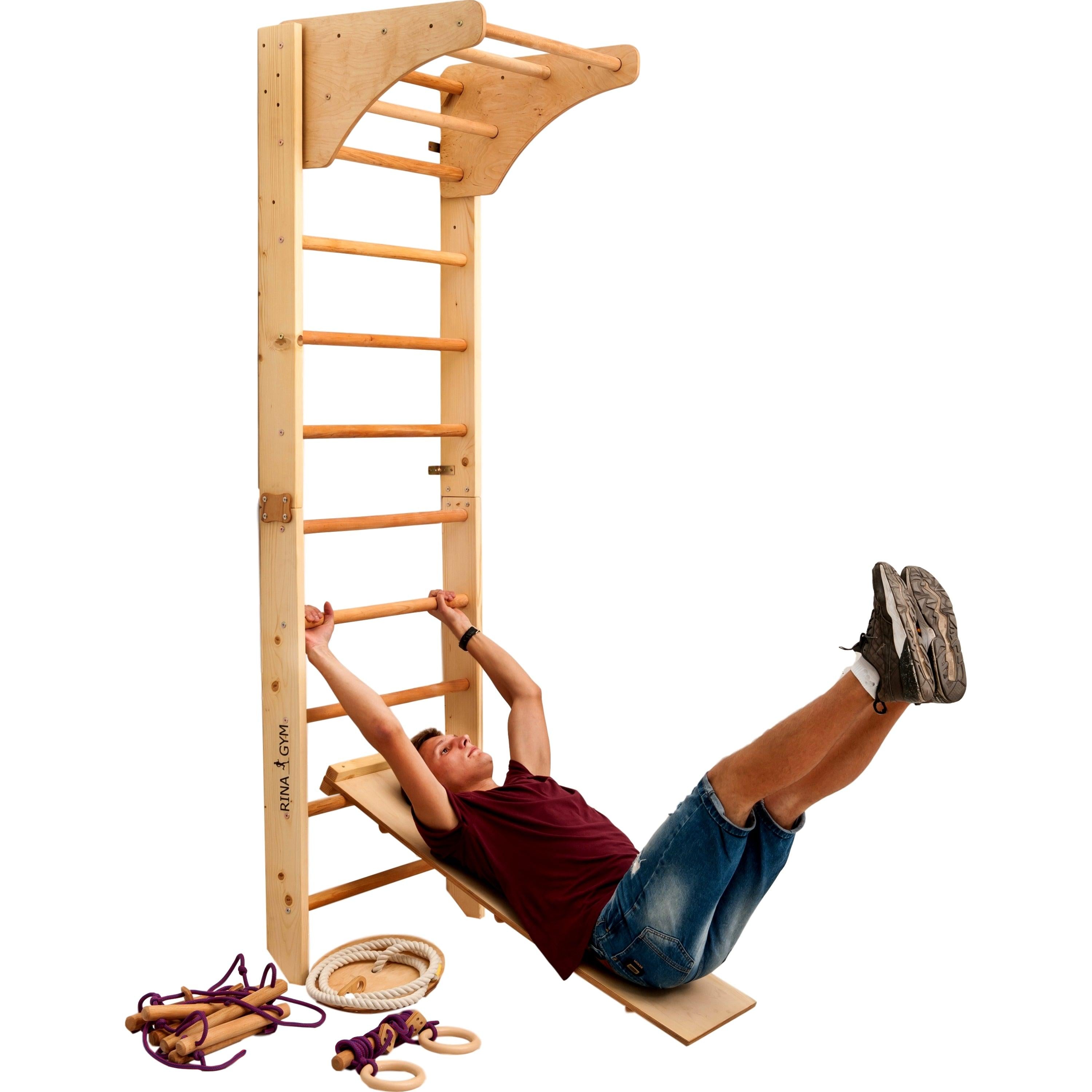Kletterwand für Kinder-Indoor Klettergerüst aus Holz-Wand-Reck, Stange, Gymnastik-Ringe, Kletterseil, Abnehmbarer Balken, schwedische Leiter, Rutsche - RINAGYM GmbH
