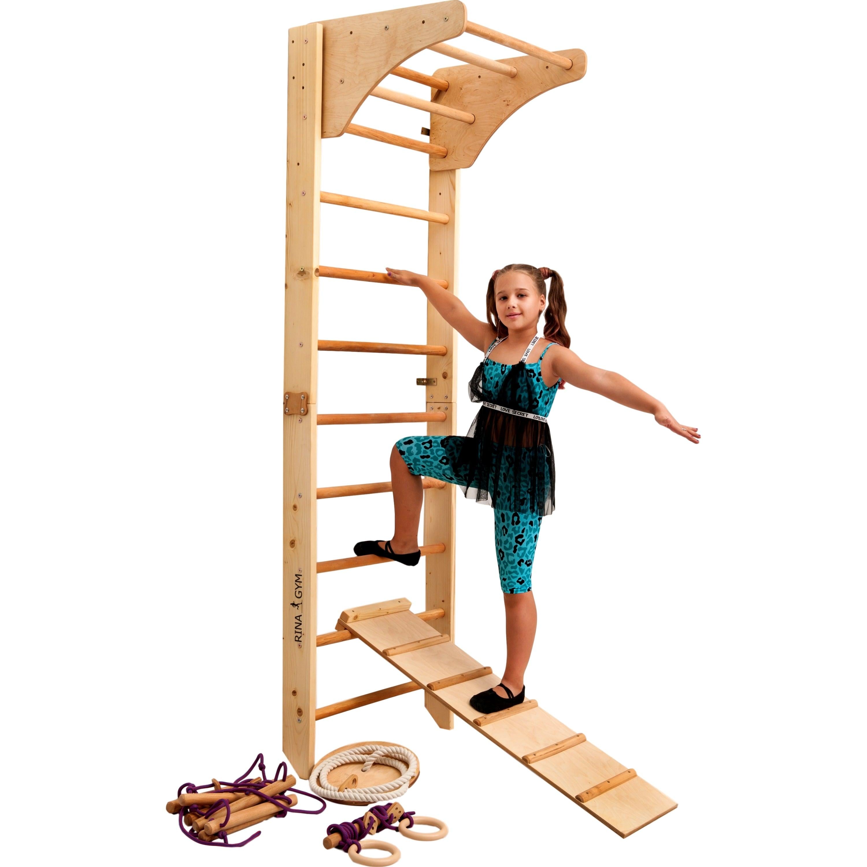 Kletterwand für Kinder-Indoor Klettergerüst aus Holz-Wand-Reck, Stange, Gymnastik-Ringe, Kletterseil, Abnehmbarer Balken, schwedische Leiter, Rutsche - RINAGYM GmbH