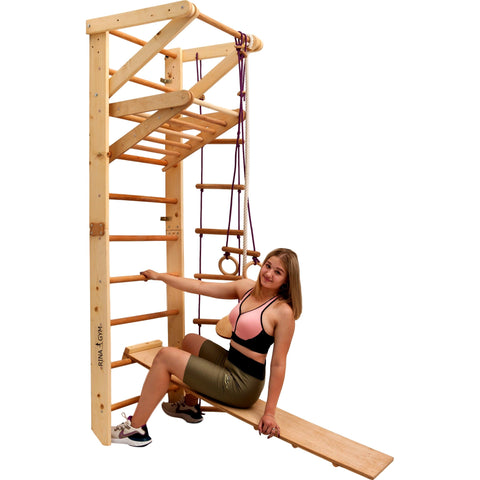 RINAGYM Gymnastics Play Set for Kids - Wooden Indoor & Outdoor Jungle Gym - Wall & Monkey Bars, Pole, Gymnastic Rings, Climbing Rope, Removable Beam, Swedish Ladder, Swing, Slide - Children 2yrs & Up (Sport 3)
