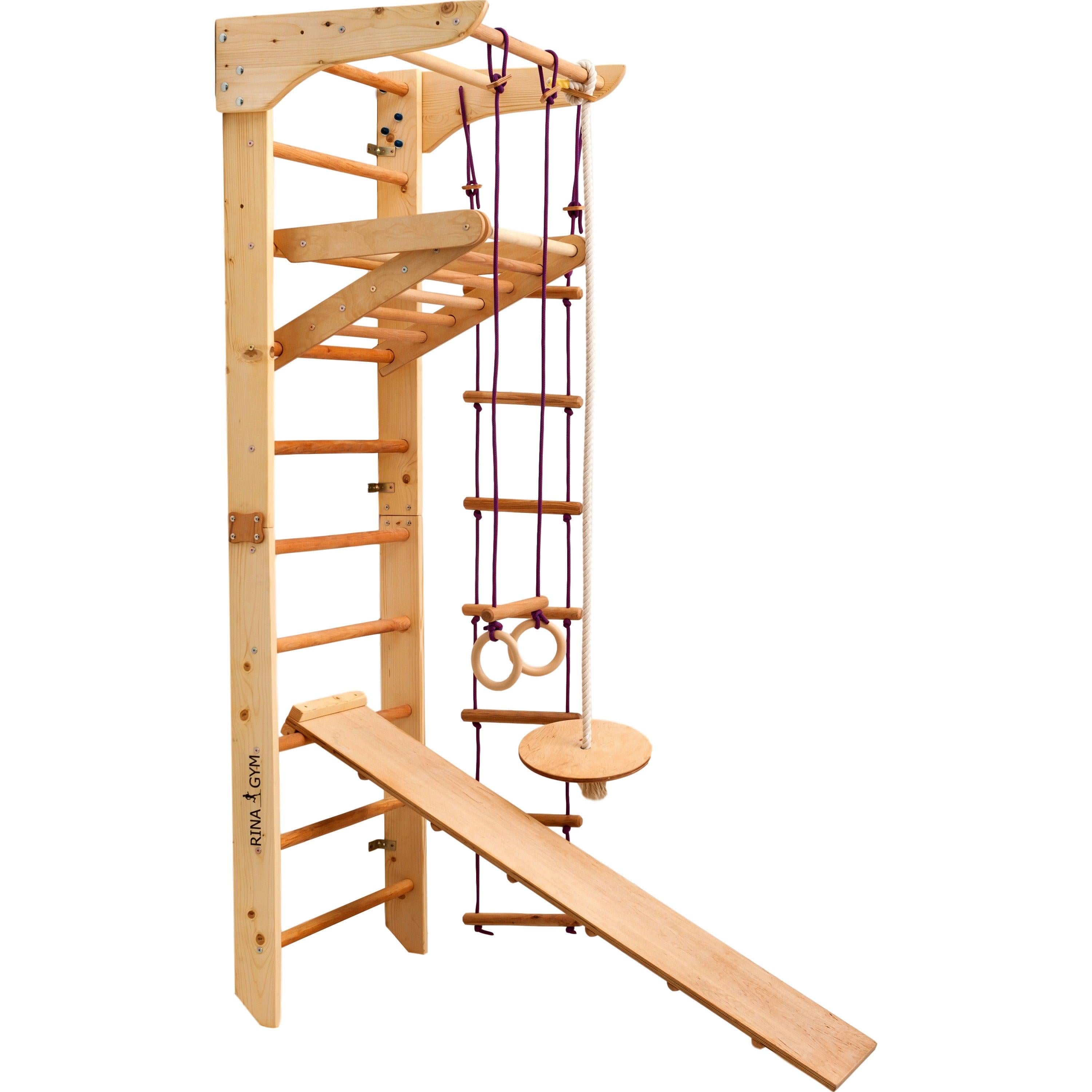 Kletterwand für Kinder–Indoor Klettergerüst aus Holz-Wand-Reck, Stange, Gymnastik-Ringe, Kletterseil, Abnehmbarer Balken, schwedische Leiter, Rutsche - RINAGYM GmbH