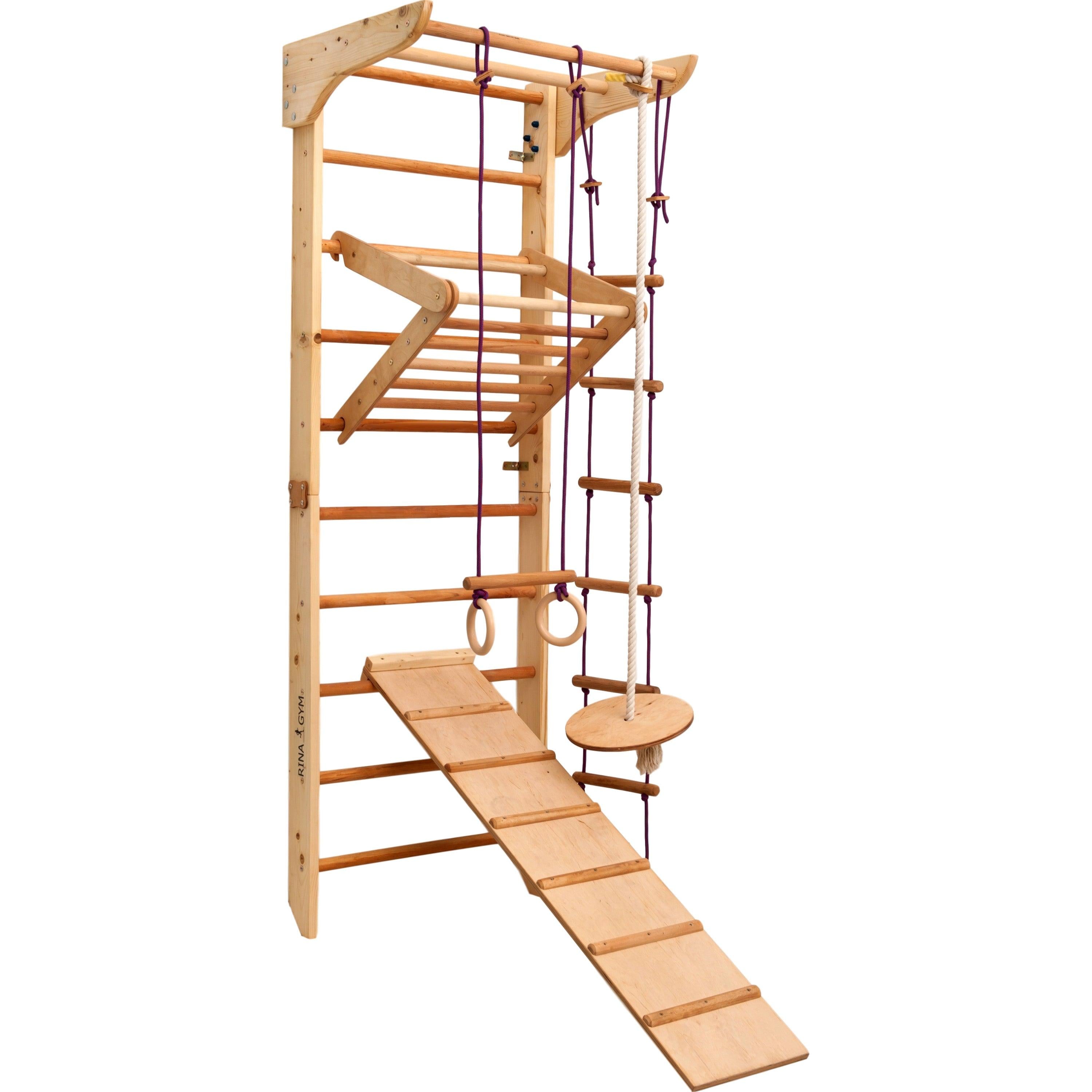 Kletterwand für Kinder–Indoor Klettergerüst aus Holz-Wand-Reck, Stange, Gymnastik-Ringe, Kletterseil, Abnehmbarer Balken, schwedische Leiter, Rutsche - RINAGYM GmbH