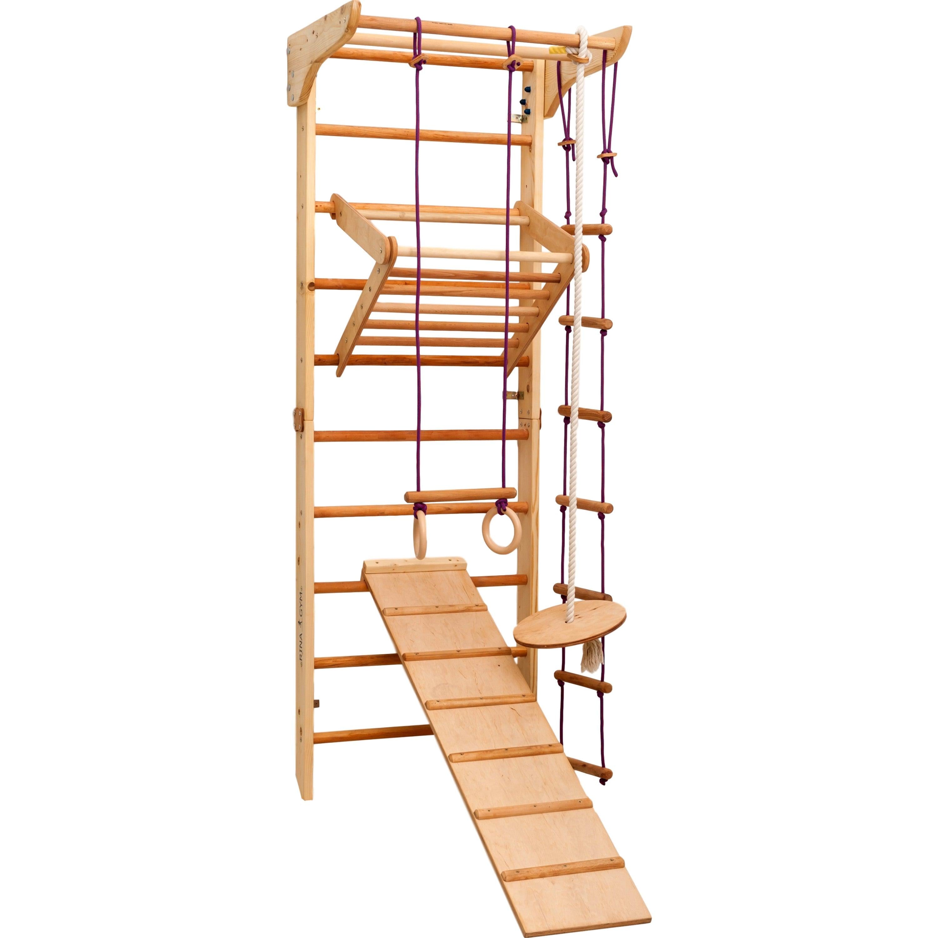 Kletterwand für Kinder–Indoor Klettergerüst aus Holz-Wand-Reck, Stange, Gymnastik-Ringe, Kletterseil, Abnehmbarer Balken, schwedische Leiter, Rutsche - RINAGYM GmbH