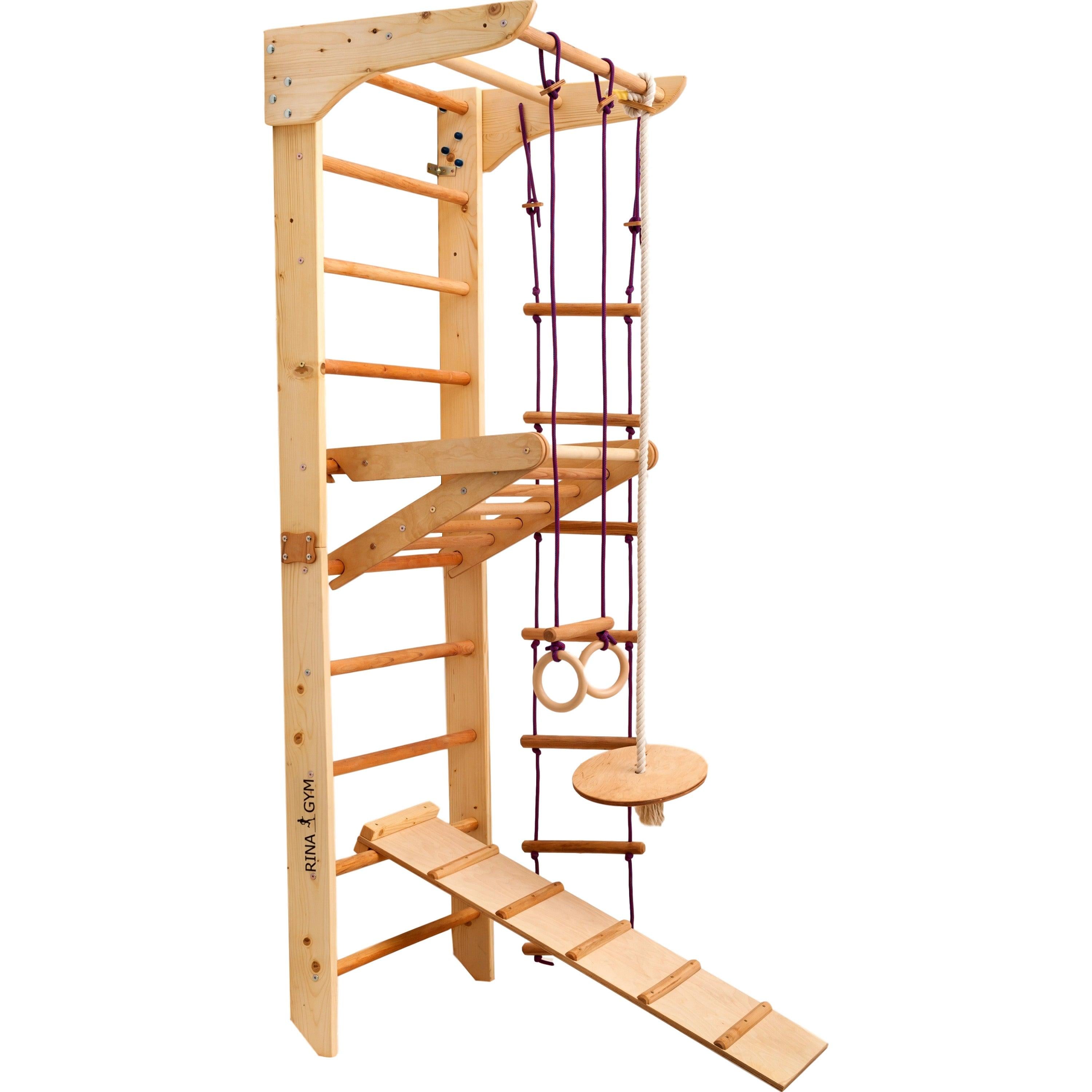 Kletterwand für Kinder–Indoor Klettergerüst aus Holz-Wand-Reck, Stange, Gymnastik-Ringe, Kletterseil, Abnehmbarer Balken, schwedische Leiter, Rutsche - RINAGYM GmbH