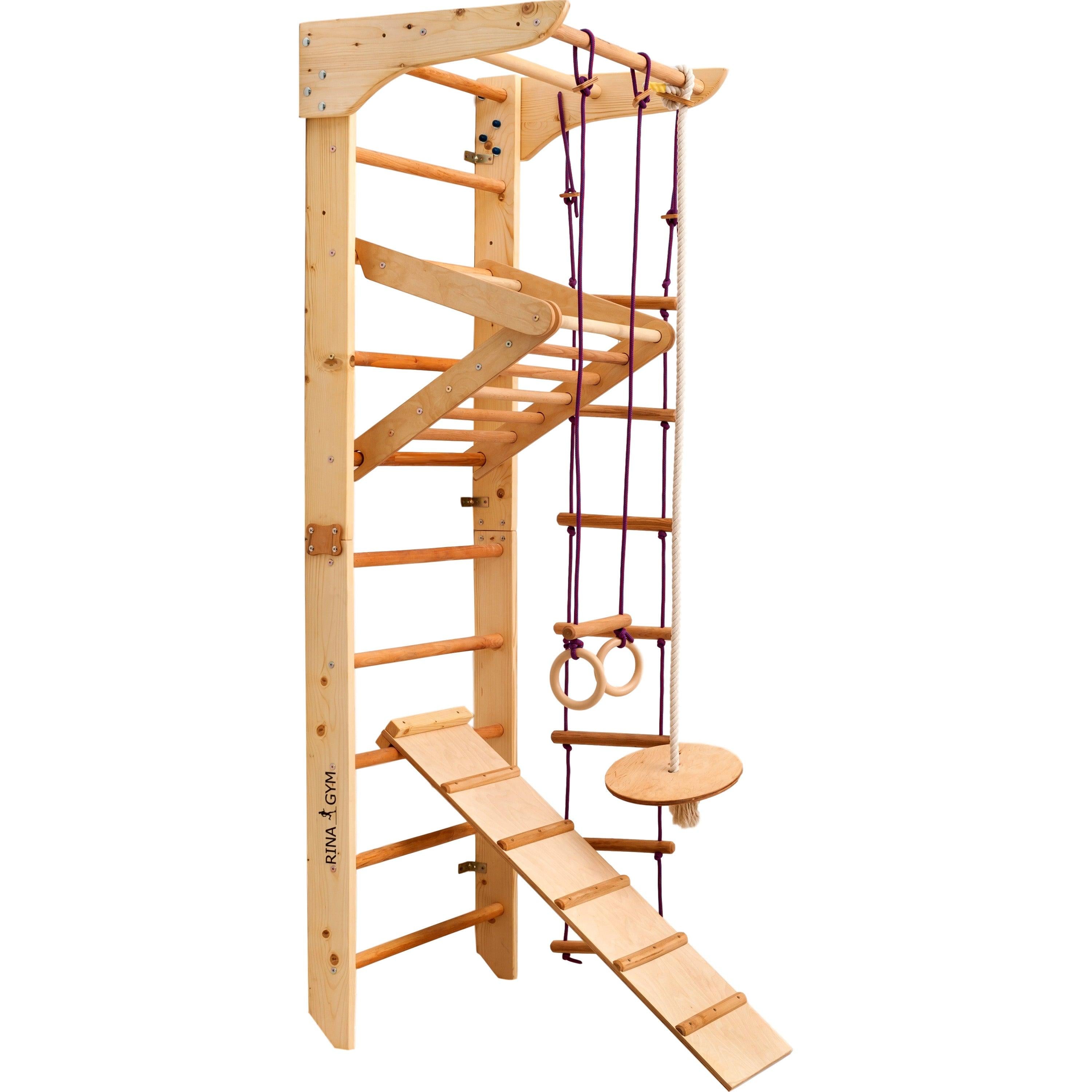 Kletterwand für Kinder–Indoor Klettergerüst aus Holz-Wand-Reck, Stange, Gymnastik-Ringe, Kletterseil, Abnehmbarer Balken, schwedische Leiter, Rutsche - RINAGYM GmbH