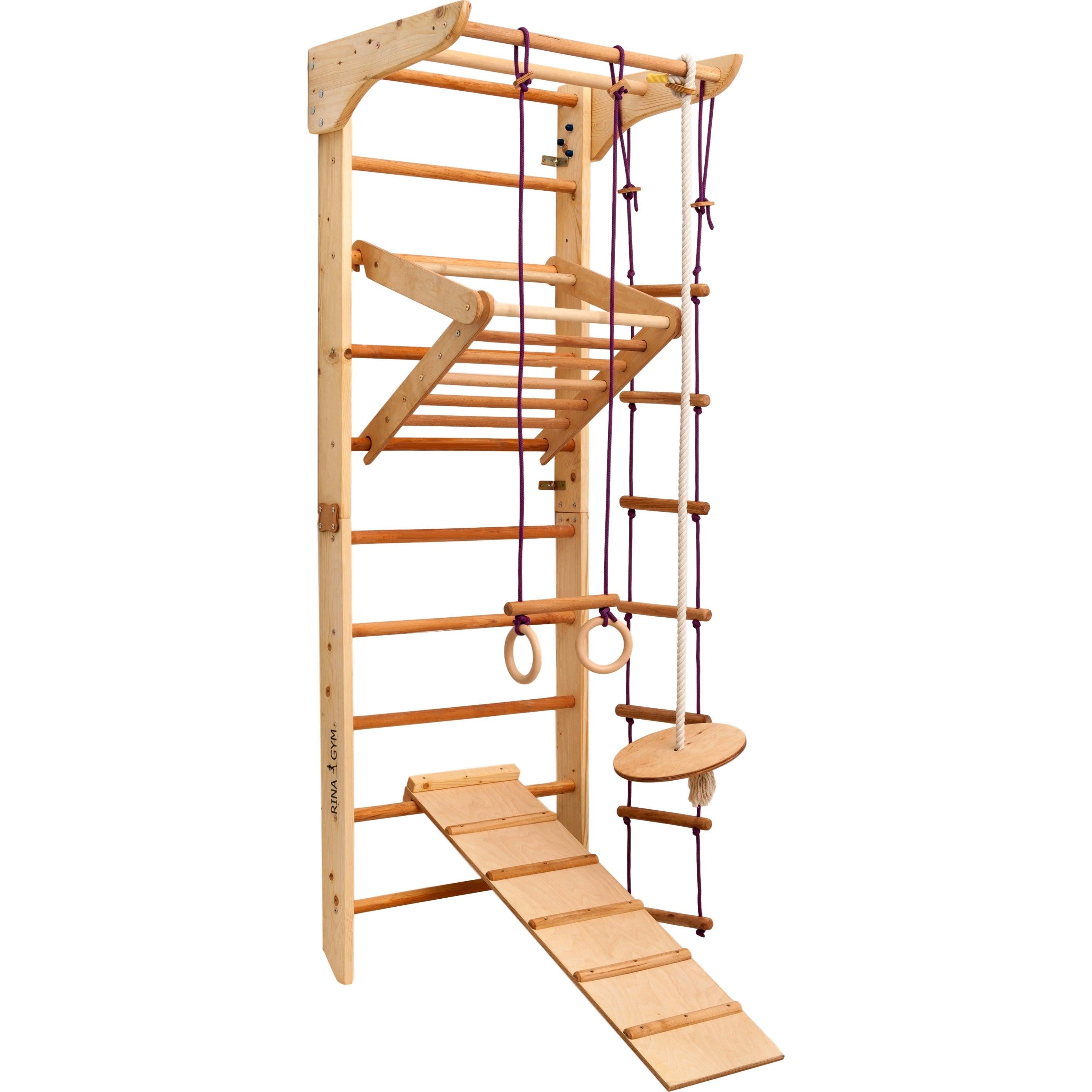 Kletterwand für Kinder–Indoor Klettergerüst aus Holz-Wand-Reck, Stange, Gymnastik-Ringe, Kletterseil, Abnehmbarer Balken, schwedische Leiter, Rutsche - RINAGYM GmbH