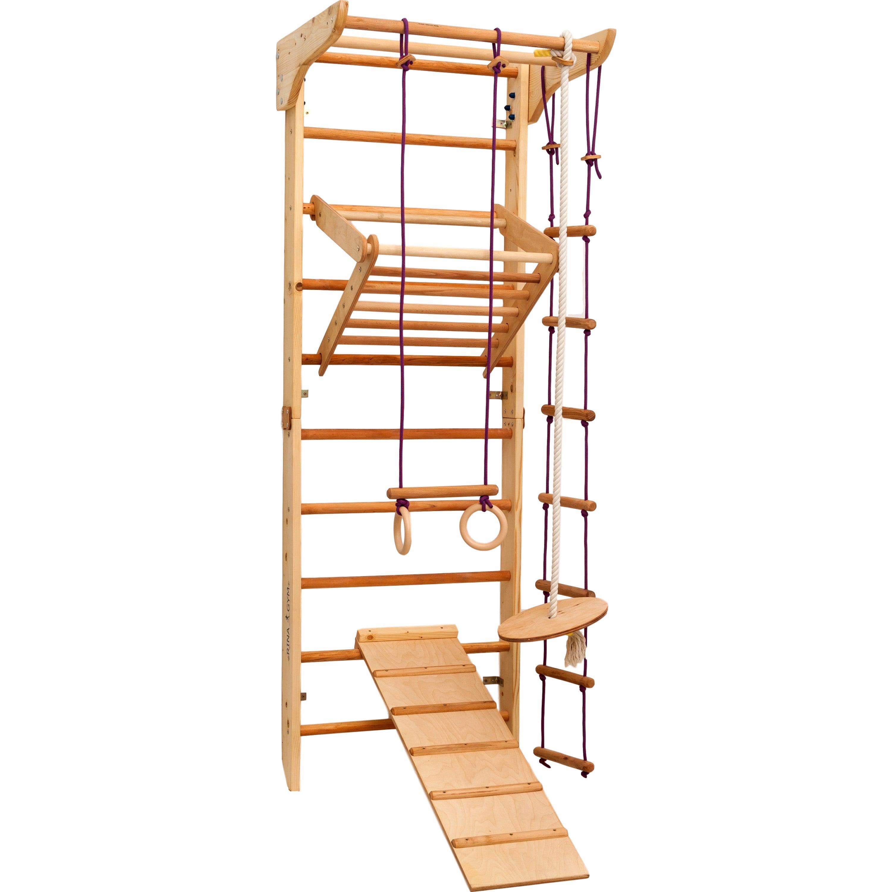 Kletterwand für Kinder–Indoor Klettergerüst aus Holz-Wand-Reck, Stange, Gymnastik-Ringe, Kletterseil, Abnehmbarer Balken, schwedische Leiter, Rutsche - RINAGYM GmbH