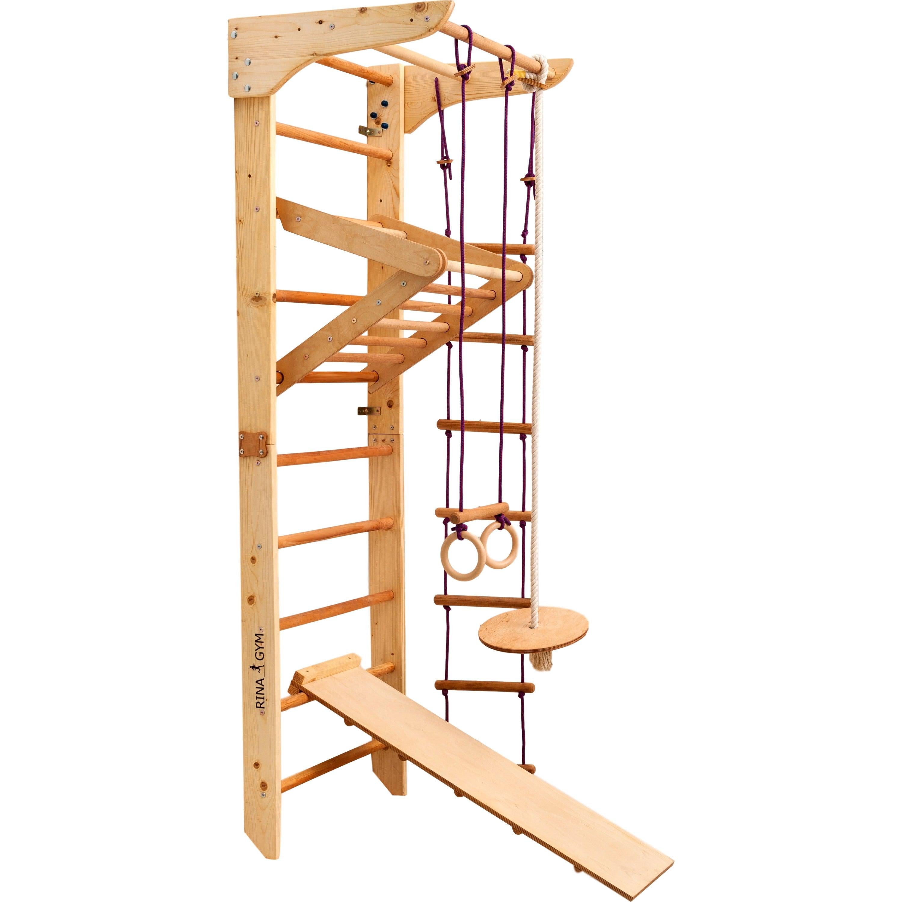 Kletterwand für Kinder–Indoor Klettergerüst aus Holz-Wand-Reck, Stange, Gymnastik-Ringe, Kletterseil, Abnehmbarer Balken, schwedische Leiter, Rutsche - RINAGYM GmbH