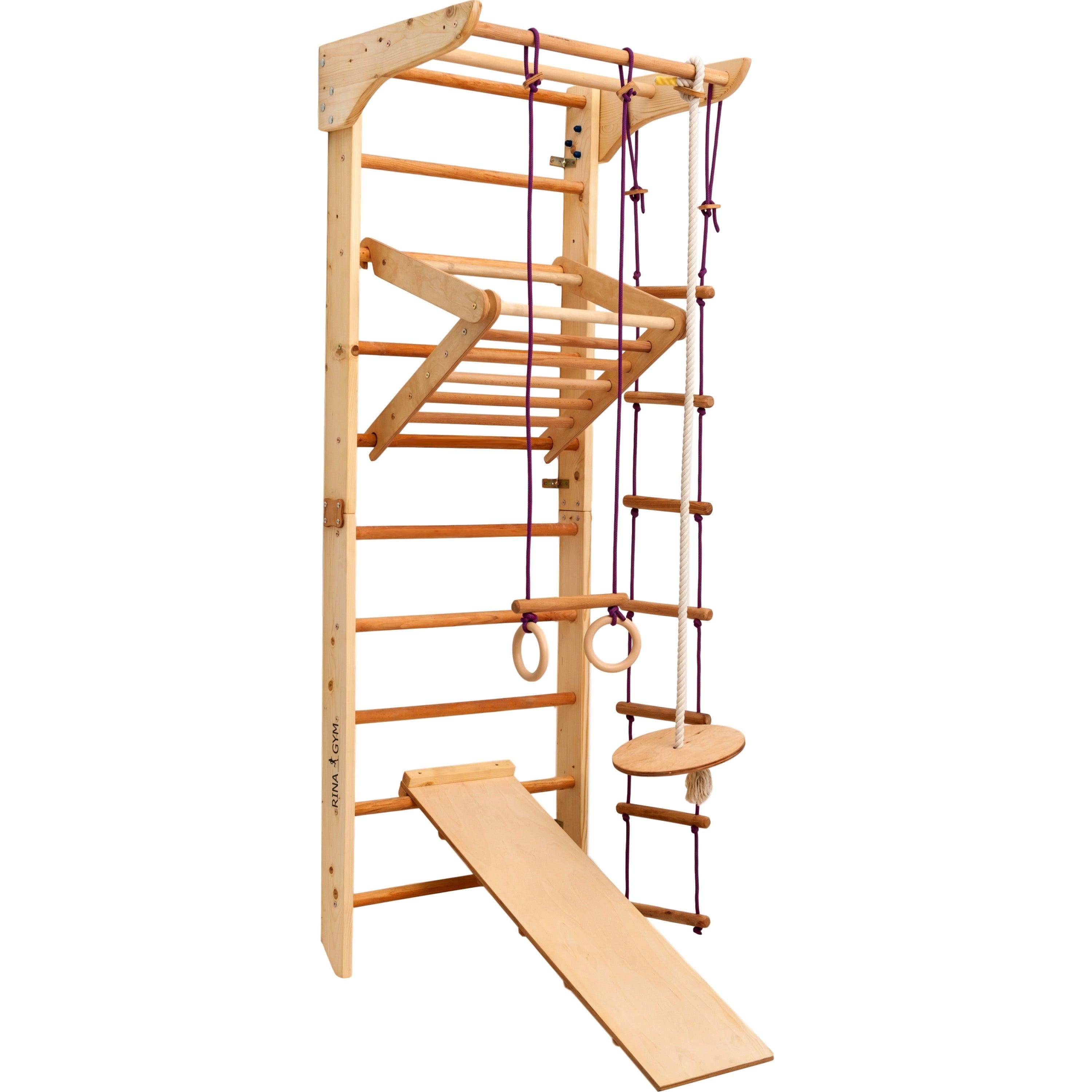 Kletterwand für Kinder–Indoor Klettergerüst aus Holz-Wand-Reck, Stange, Gymnastik-Ringe, Kletterseil, Abnehmbarer Balken, schwedische Leiter, Rutsche - RINAGYM GmbH