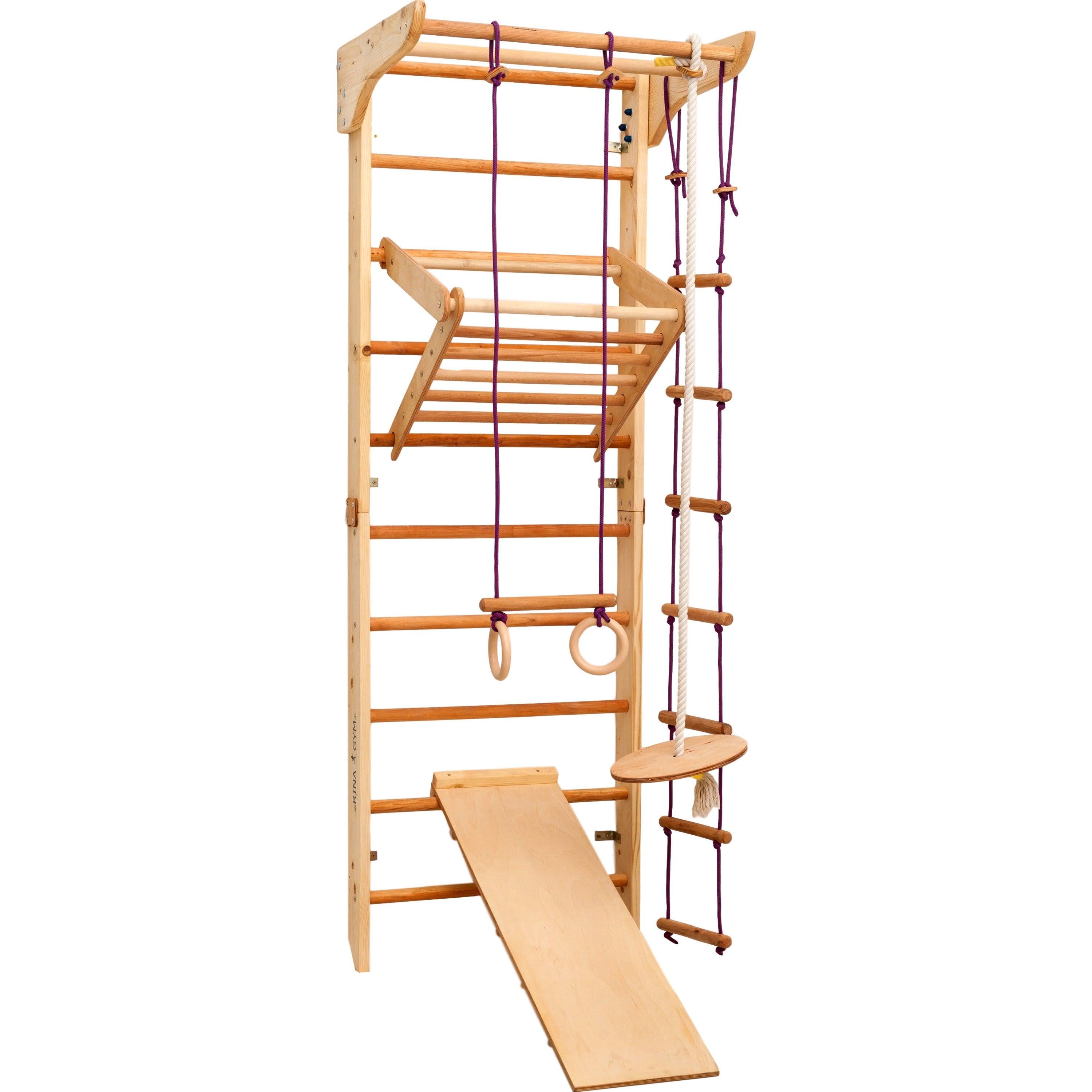 Kletterwand für Kinder–Indoor Klettergerüst aus Holz-Wand-Reck, Stange, Gymnastik-Ringe, Kletterseil, Abnehmbarer Balken, schwedische Leiter, Rutsche - RINAGYM GmbH
