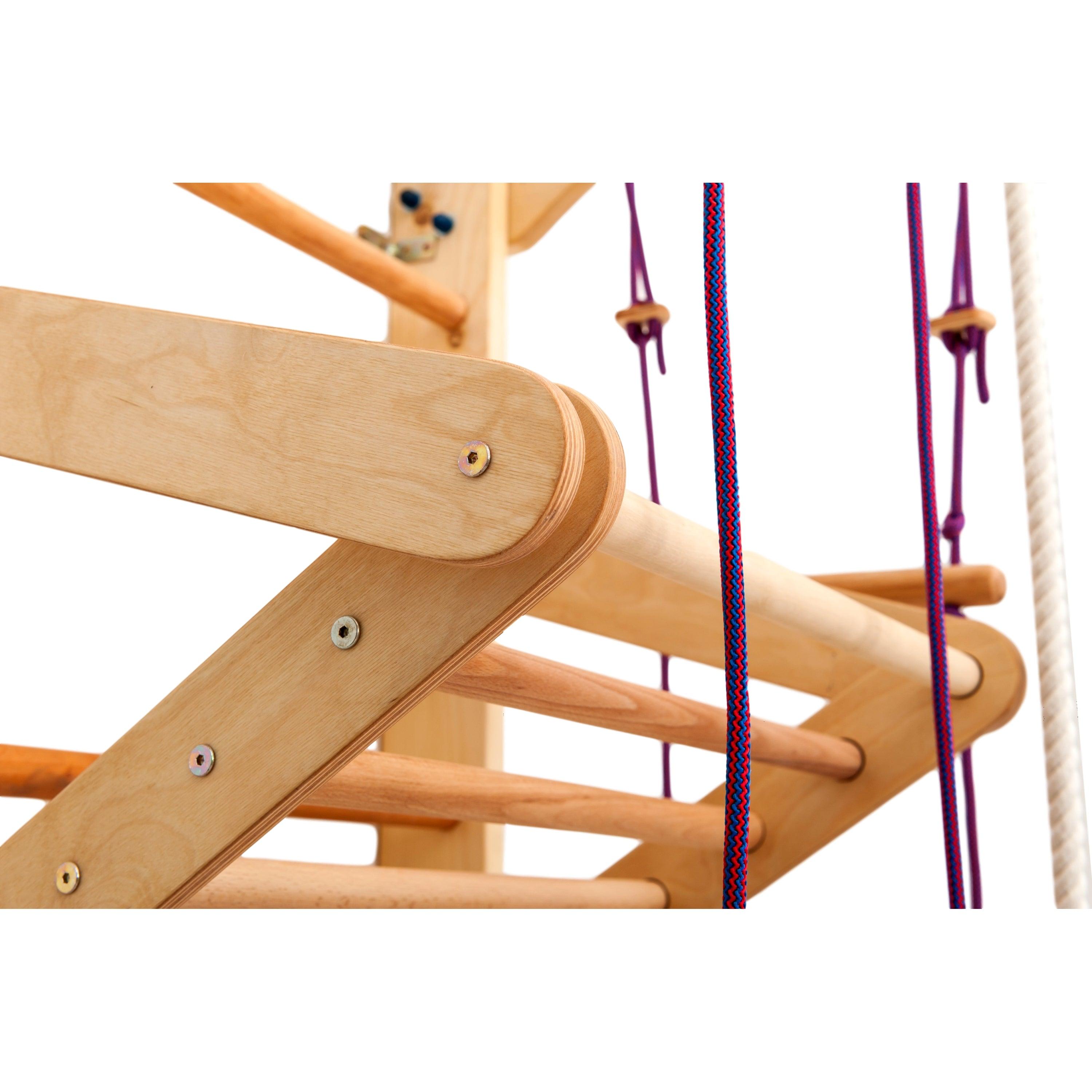 Kletterwand für Kinder–Indoor Klettergerüst aus Holz-Wand-Reck, Stange, Gymnastik-Ringe, Kletterseil, Abnehmbarer Balken, schwedische Leiter, Rutsche - RINAGYM GmbH