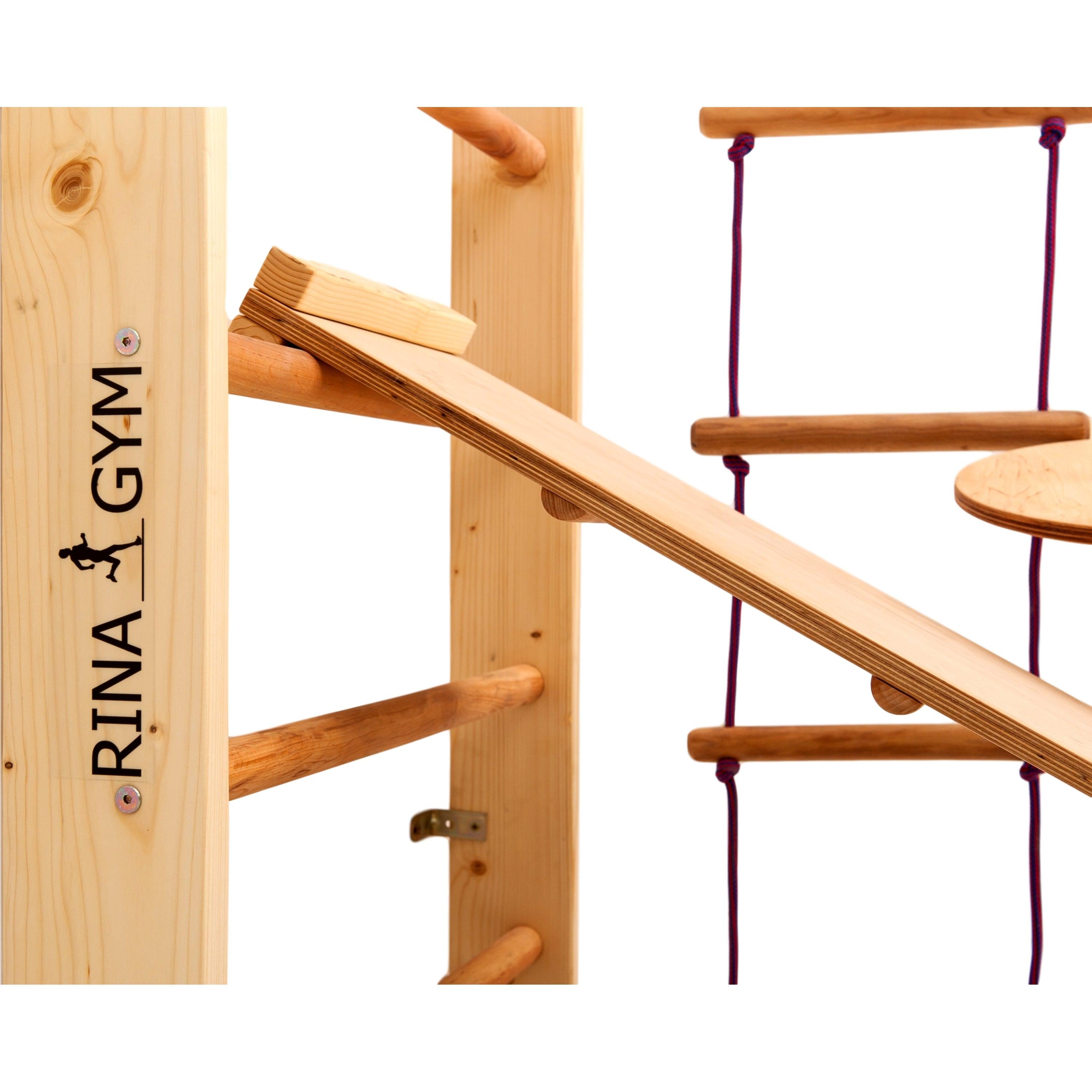 Kletterwand für Kinder–Indoor Klettergerüst aus Holz-Wand-Reck, Stange, Gymnastik-Ringe, Kletterseil, Abnehmbarer Balken, schwedische Leiter, Rutsche - RINAGYM GmbH