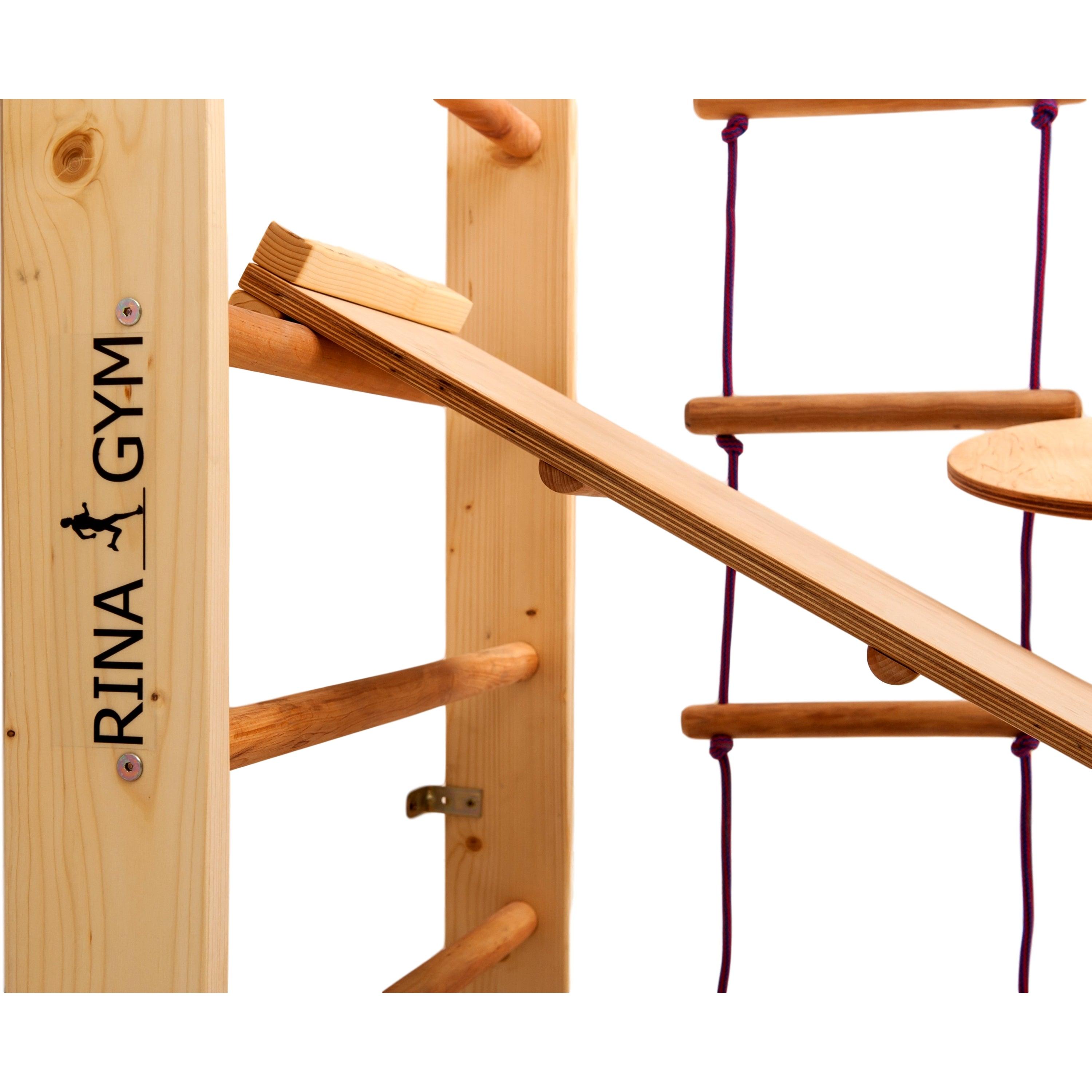 Kletterwand für Kinder–Indoor Klettergerüst aus Holz-Wand-Reck, Stange, Gymnastik-Ringe, Kletterseil, Abnehmbarer Balken, schwedische Leiter, Rutsche - RINAGYM GmbH