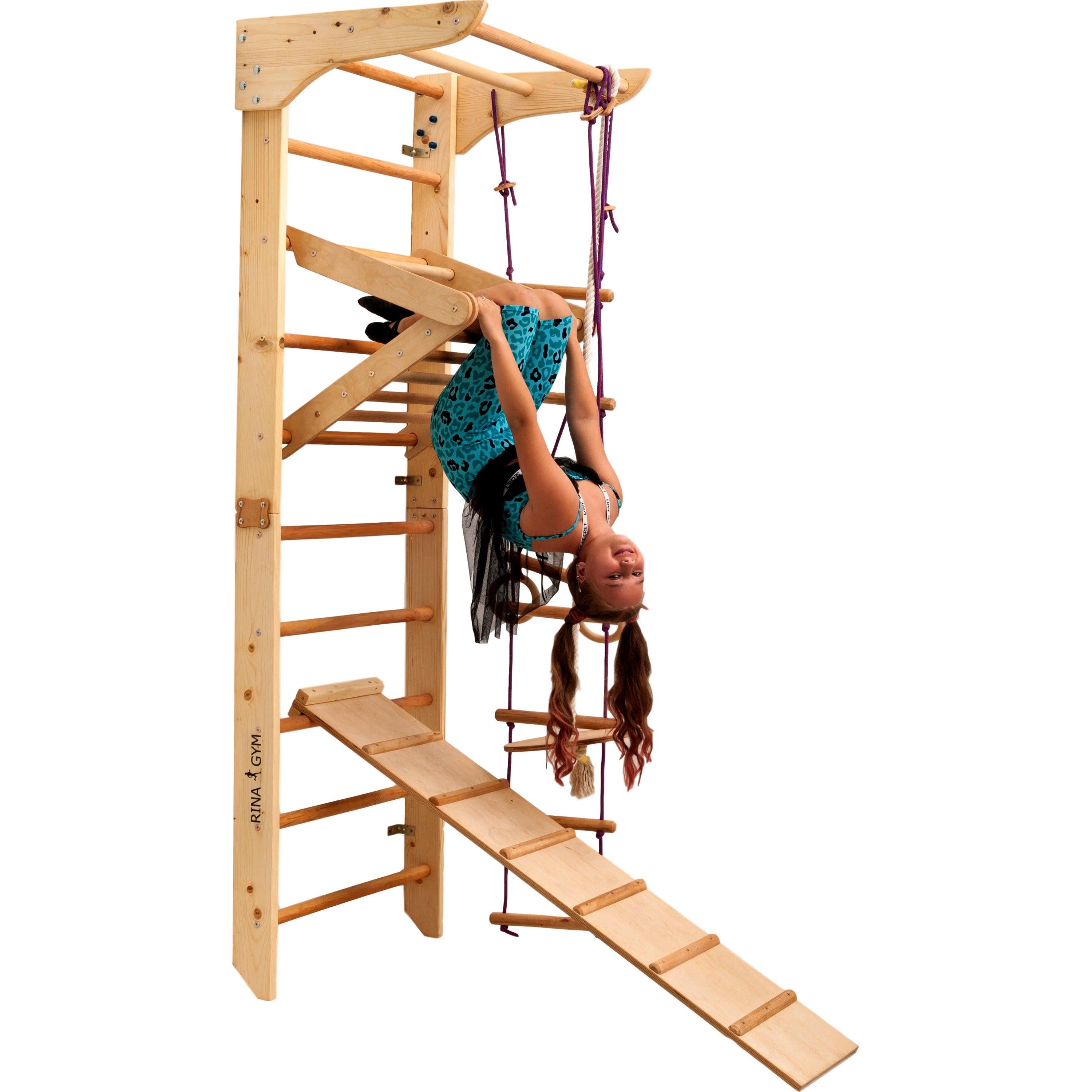 Kletterwand für Kinder–Indoor Klettergerüst aus Holz-Wand-Reck, Stange, Gymnastik-Ringe, Kletterseil, Abnehmbarer Balken, schwedische Leiter, Rutsche - RINAGYM GmbH