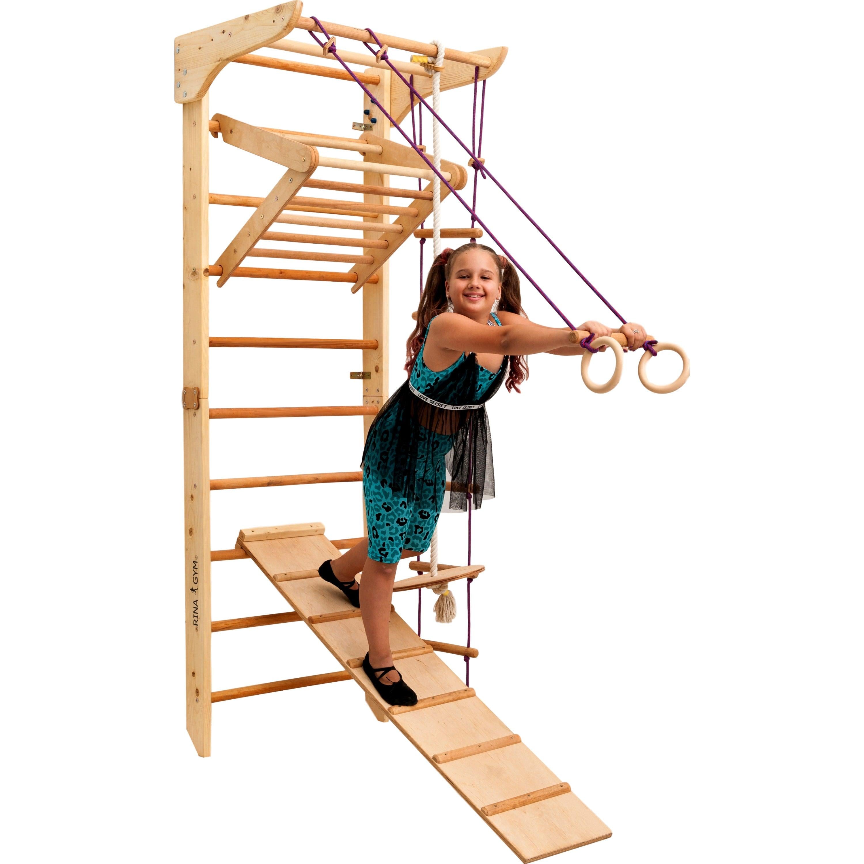 Kletterwand für Kinder–Indoor Klettergerüst aus Holz-Wand-Reck, Stange, Gymnastik-Ringe, Kletterseil, Abnehmbarer Balken, schwedische Leiter, Rutsche - RINAGYM GmbH