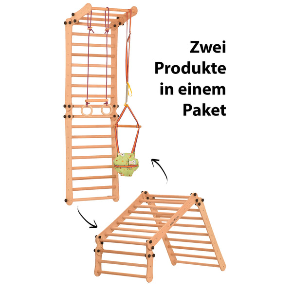Modulares Klettergerüst für Heimtraining – Indoor Sprossenwand mit Netz, Hangelleiter & Turnringen – freistehend oder wandmontierbar – bis 75 kg 3P9P9P